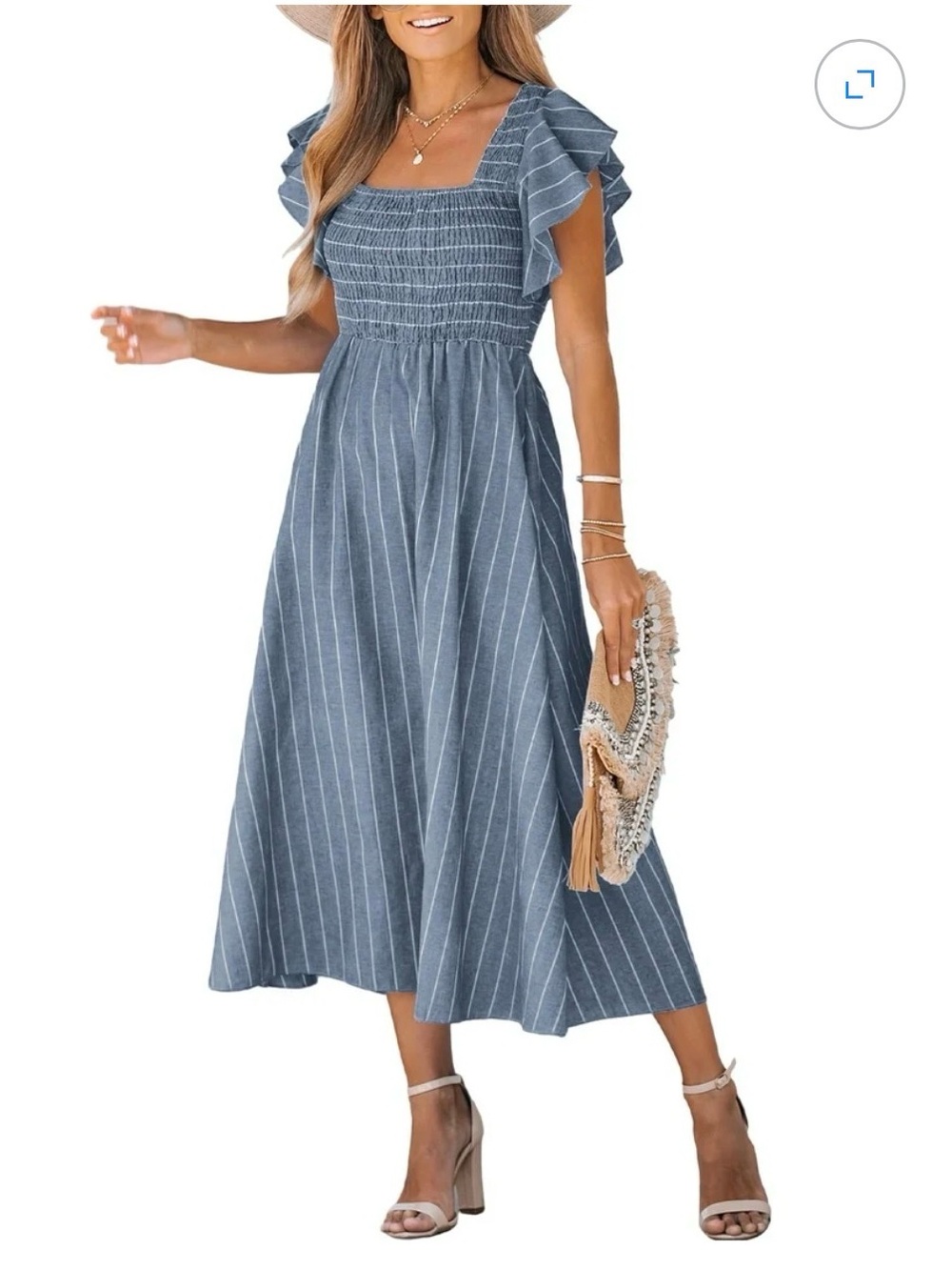 Simplee Apparel Blue Stripe Smocked Square Neck Midi Cotton-Linen Blend Dress